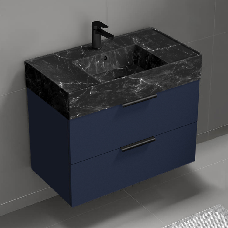 Nameeks DERIN885 Blue Bathroom Vanity With Black Marble Design Sink, Floating, 32 Inch